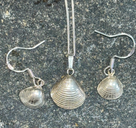 Handmade Fine Silver Shell Earring and Pendant Set
