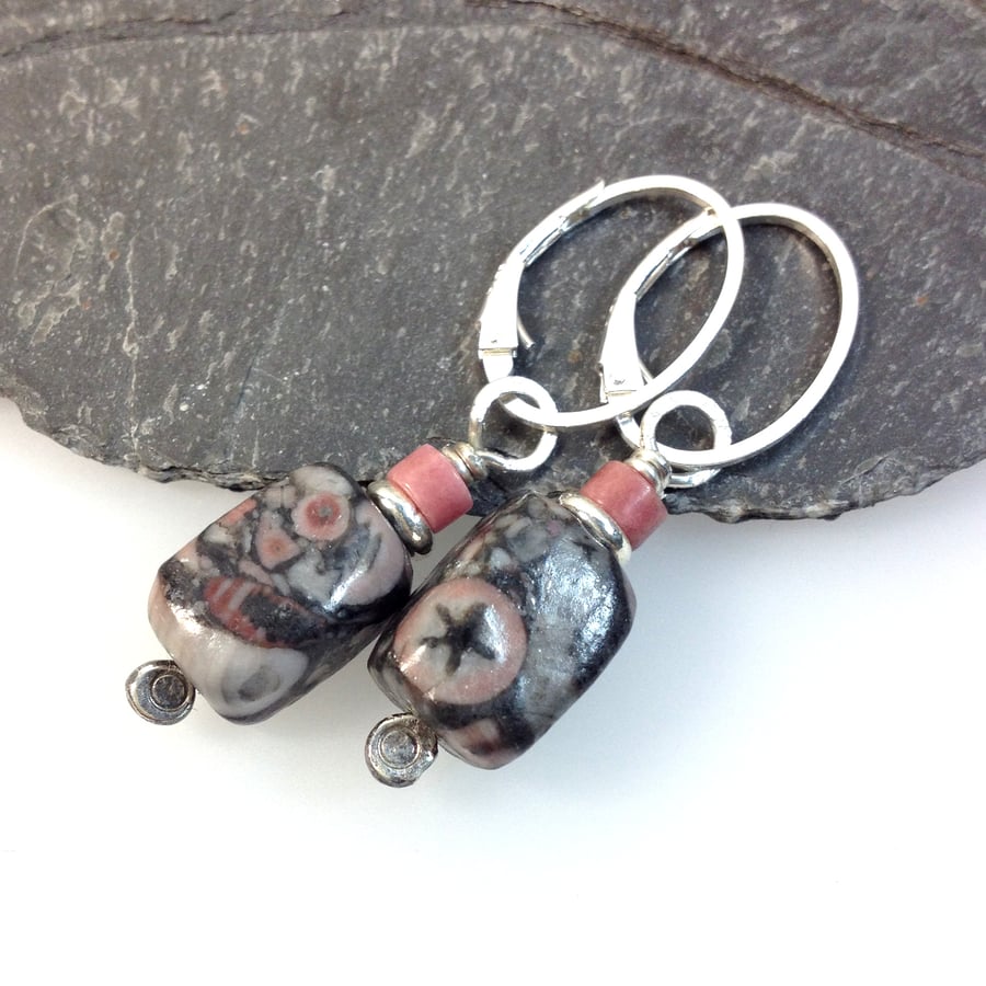 sterling silver crinoid fossil and rhodocrosite earrings