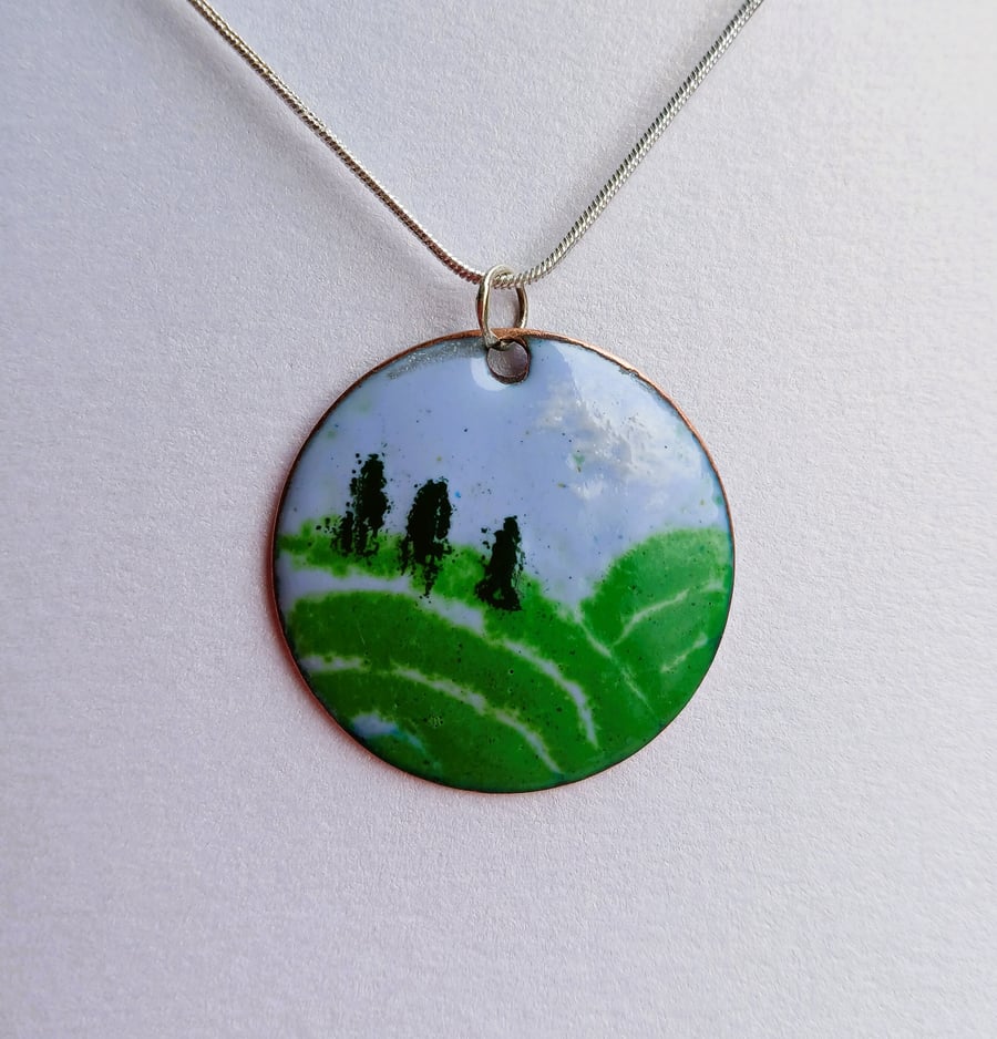 Trees and hills pendant in enamelled copper 266