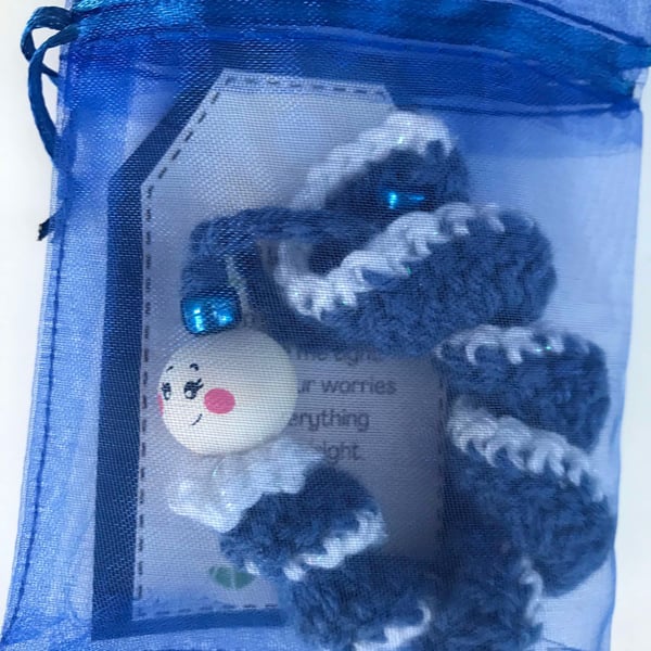 Crocheted little blue worry worm with beads