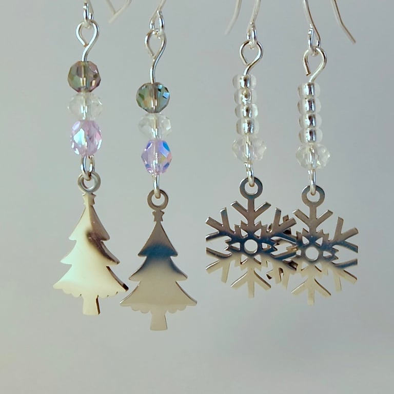 Christmas Earrings 2-Pack Tree & Snowflake Charm, Stocking Filler, Secret Santa 