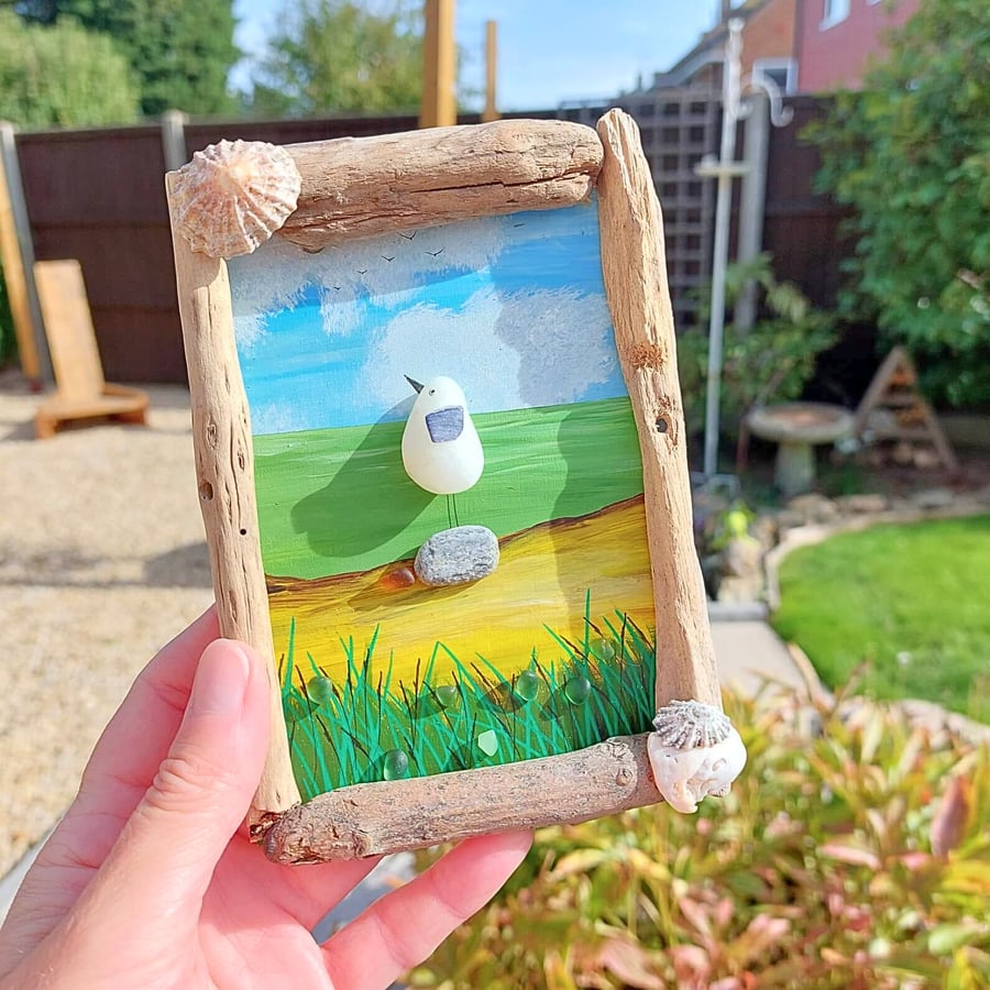 Pebble Seagull Driftwood Wall Art - Handmade Coastal Bird Art - One-of-a-Kind
