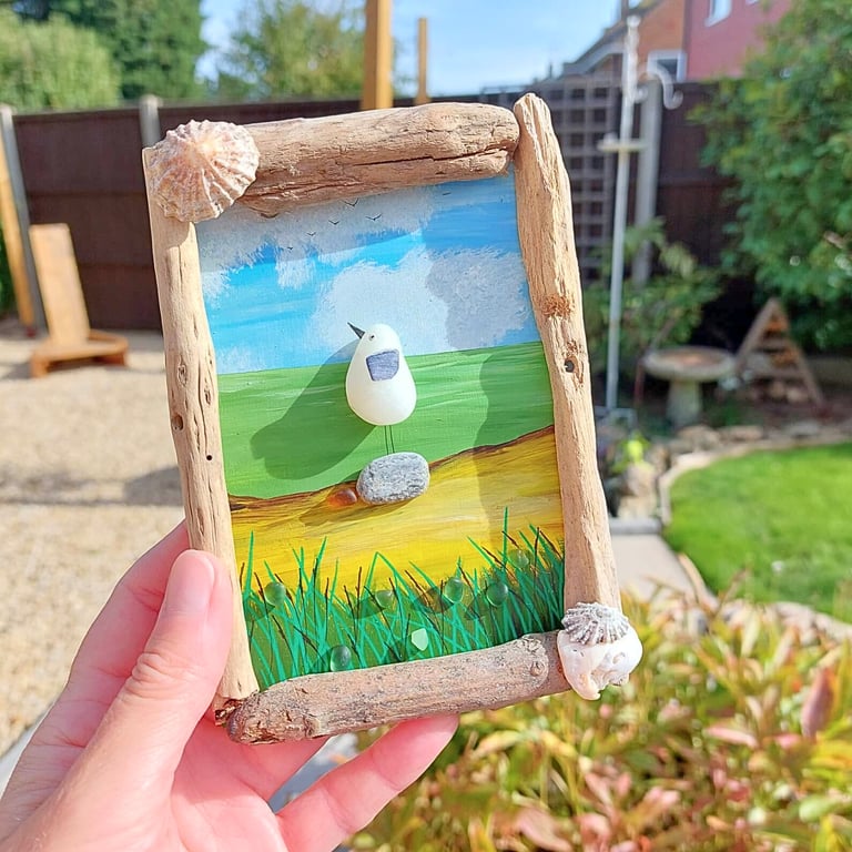 Pebble Seagull Driftwood Wall Art - Handmade Coastal Bird Art - One-of-a-Kind