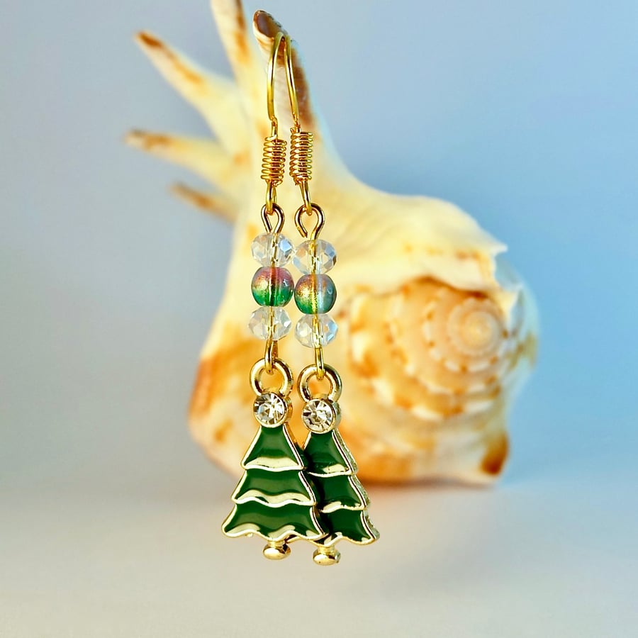Christmas Tree Earrings With Sparkly Beads - Stocking Filler, Secret Santa Gift
