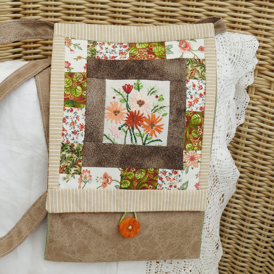 SALE Brown Patchwork Messenger Bag with recycled embroidery 
