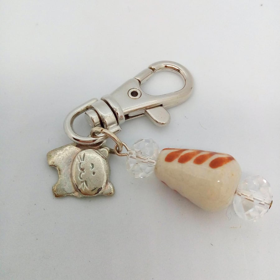 Cream Porcelain Bead and Crystal Bead Cat Bag Charm, Gift for Her