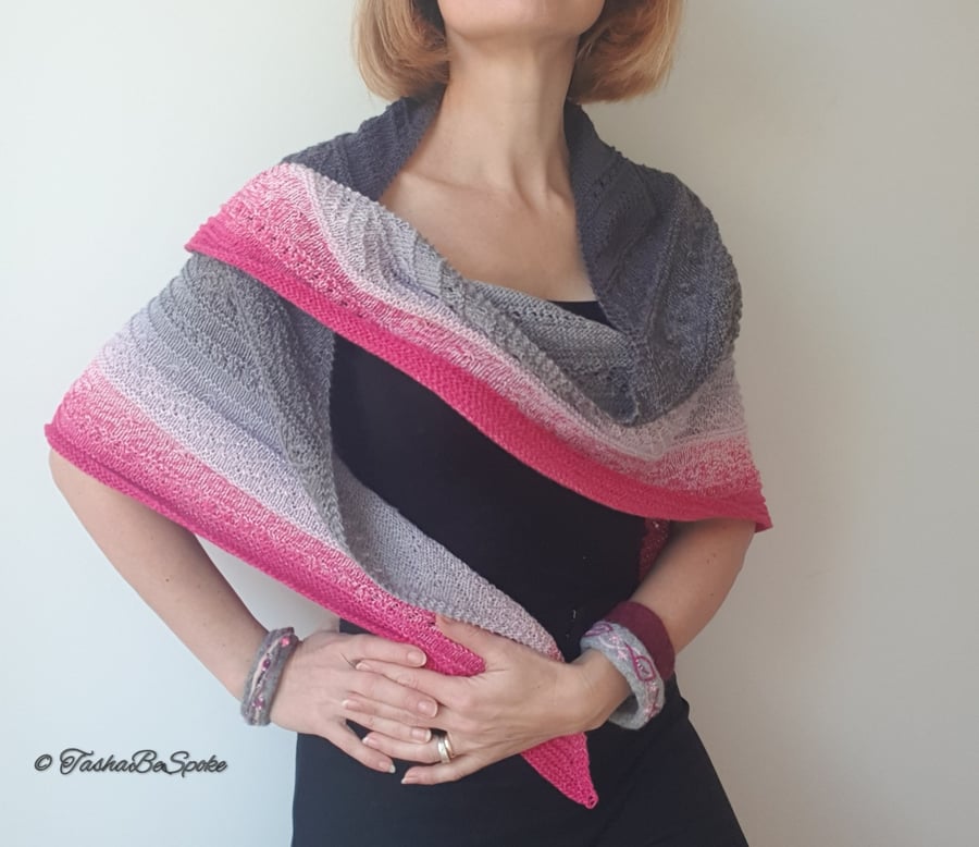 Hand knitted triangle shawl, Cotton pink and grey wrap, Birthday gift for women