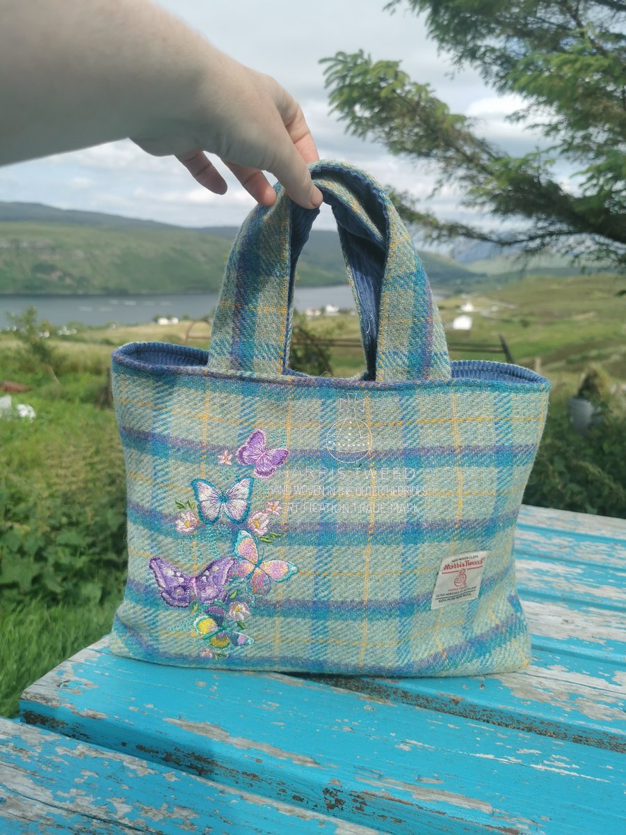 Harris Tweed Handbag with mill stamp and butterflies 