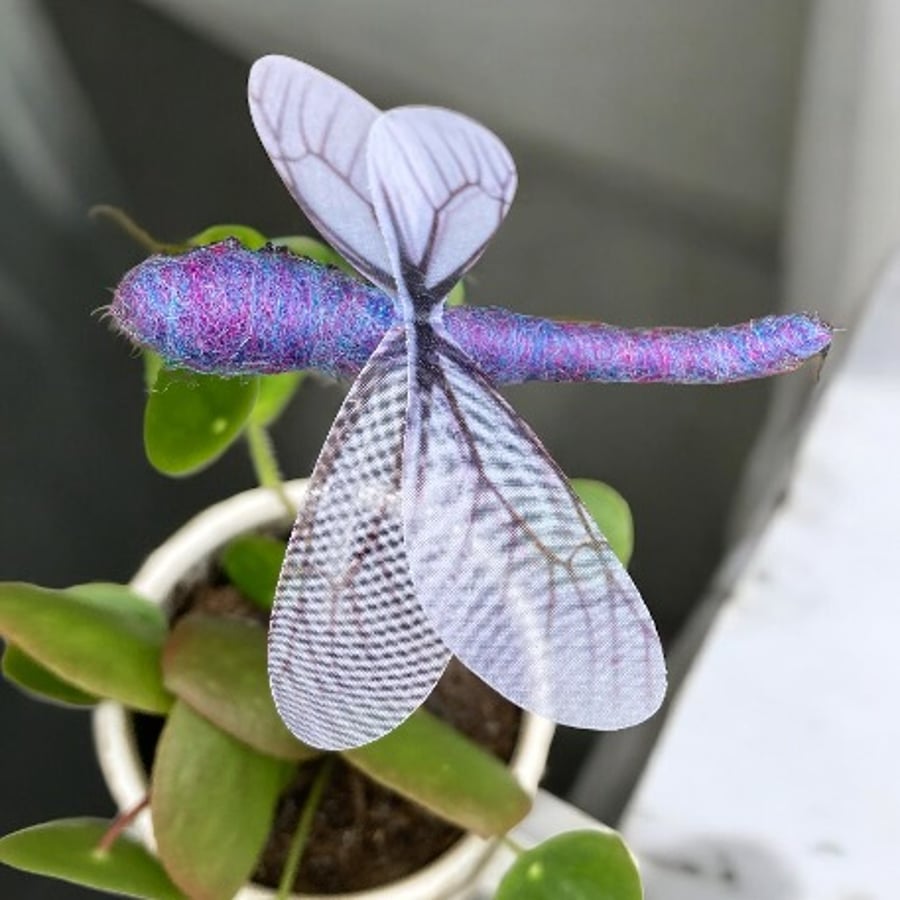 Needle felted purple dragonfly house plant decoration, plant stake, ornament 