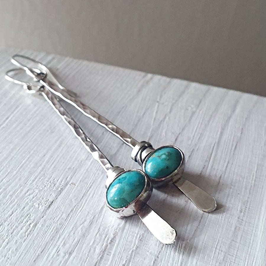 Turquoise rustic earrings - long slender drop in recycled sterling silver