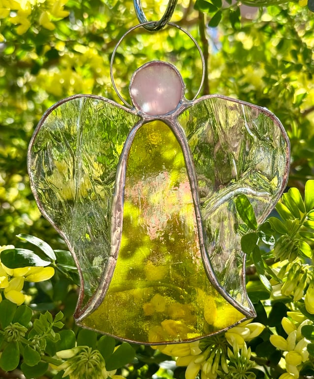 Stained Glass Bell Angel Decoration - Warm yellow body with feather-veined wings
