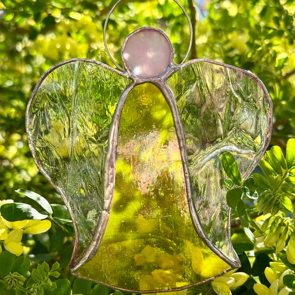 Stained Glass Bell Angel Decoration - Warm yellow body with feather-veined wings