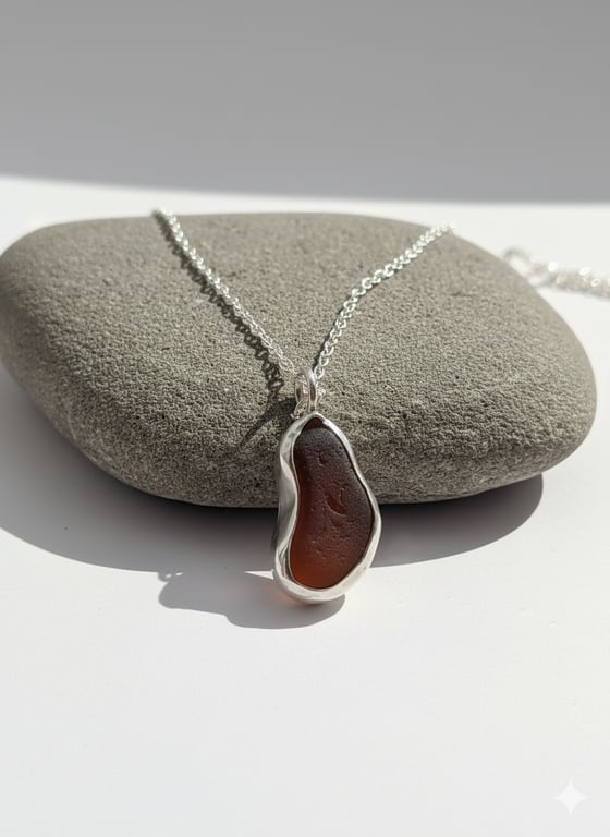 Amber brown Seaglass & Sterling Silver Pendant 