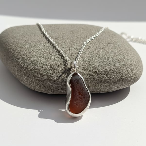 Amber brown Seaglass & Sterling Silver Pendant 