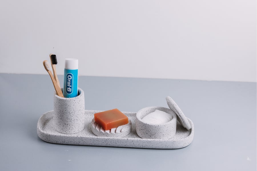 Handmade Concrete Terrazzo Bathroom Set: Oval Tray, Soap Dish & Toothbrush Holde