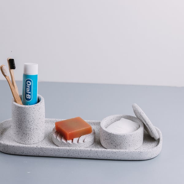 Handmade Concrete Terrazzo Bathroom Set: Oval Tray, Soap Dish & Toothbrush Holde