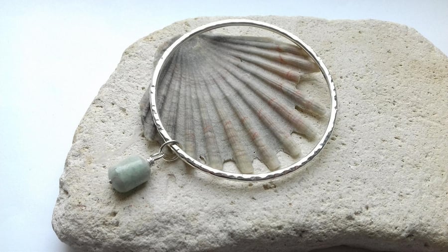 Textured Silver Bangle with an Aquamarine Dangle Stone
