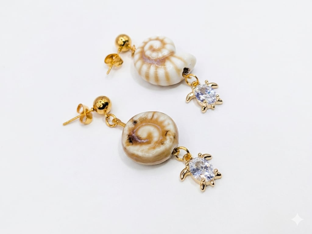 Artisan Sea-Shell Dangle Earrings with Ceramic and Cubic Zirconia Turtles