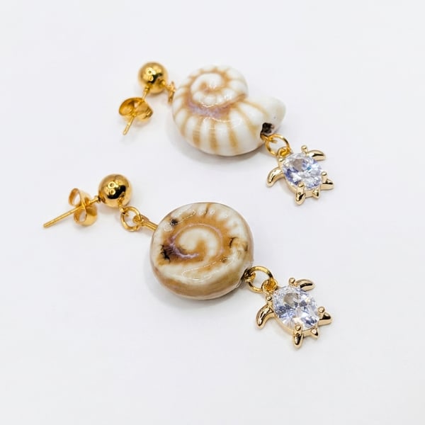 Artisan Sea-Shell Dangle Earrings with Ceramic and Cubic Zirconia Turtles