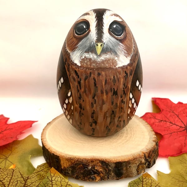 Tawny owl hand painted wooden egg ornament 