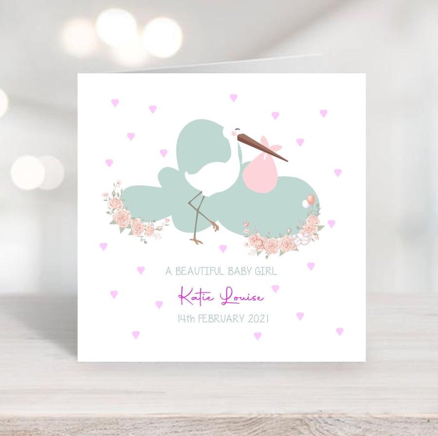 Personalised New Baby Girl Card - Watercolour stork design