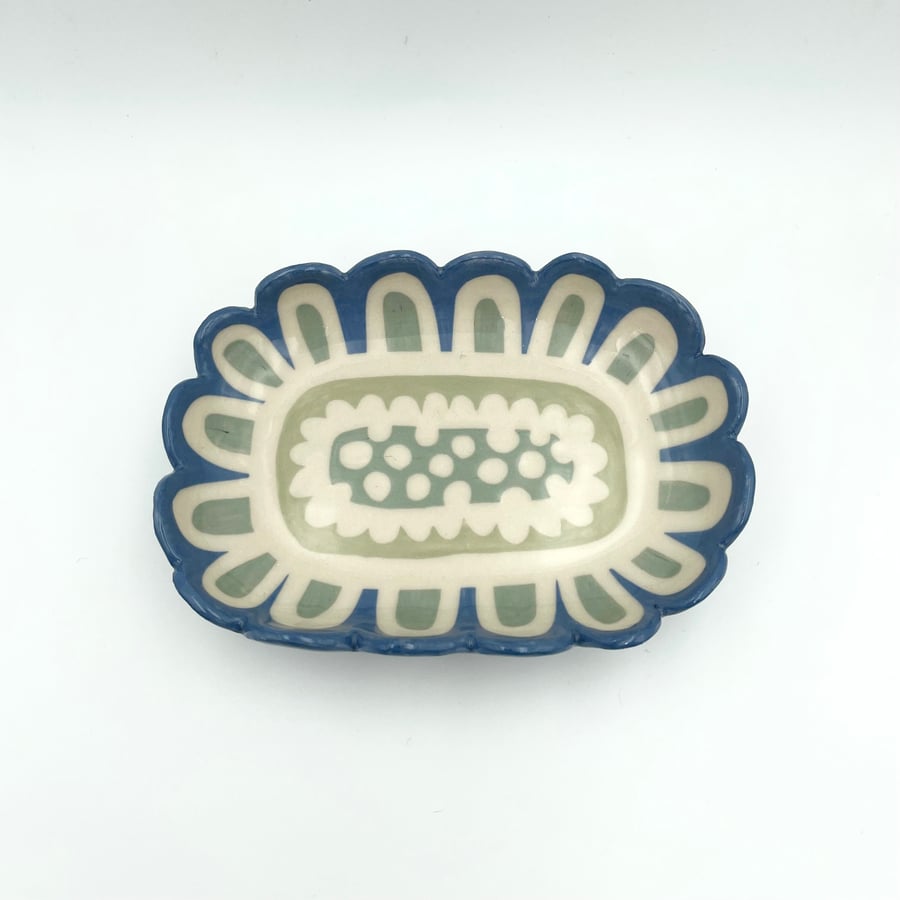 Abstract Flower Oval Trinket Snack Dish Jewellery - Blue Green Handmade Pottery