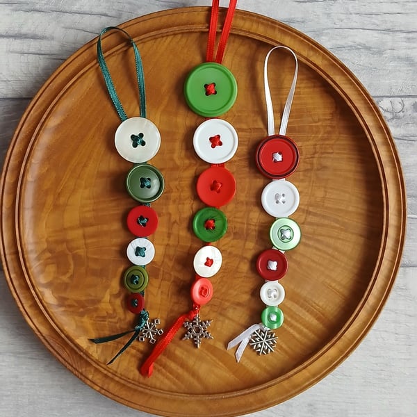 Set of Three Festive Button Dangle Christmas Tree Decorations
