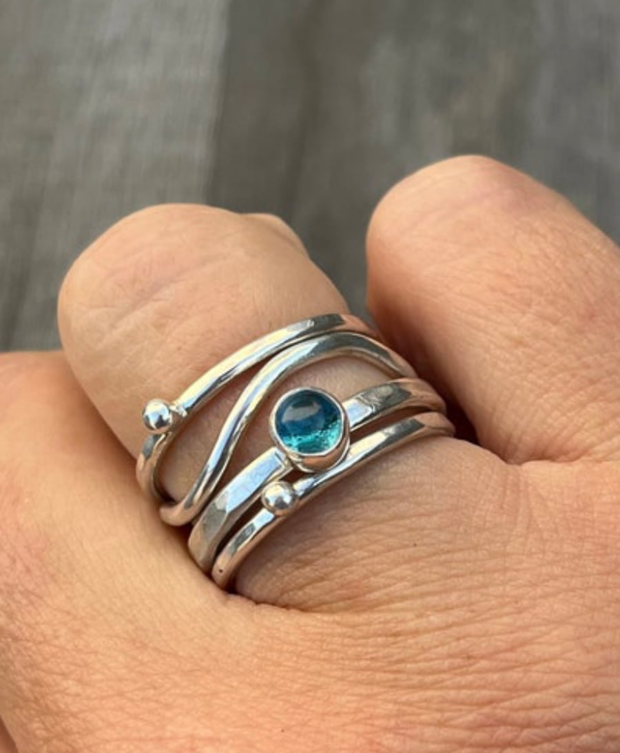Blue Topaz wave Stack Ring, silver stack ring, topaz stack ring, wave ring,