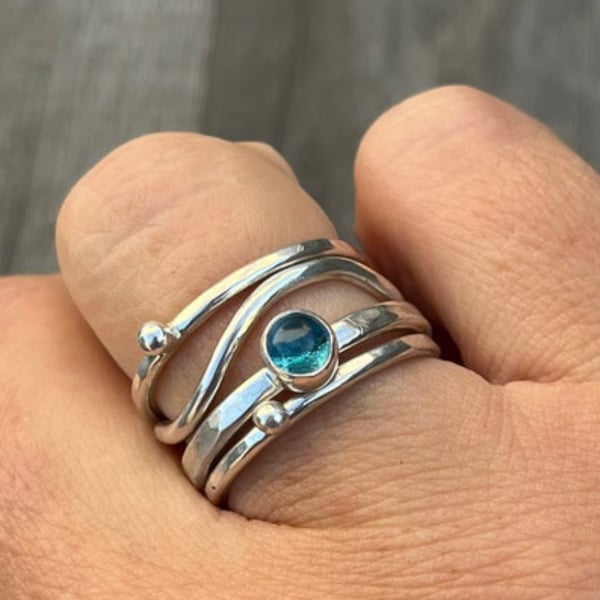 Blue Topaz wave Stack Ring, silver stack ring, topaz stack ring, wave ring,