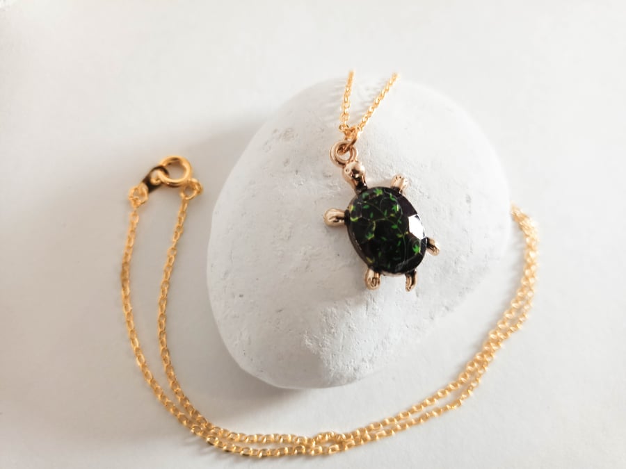 Black and Green Tortoise Pendant on Gold Colour Necklace