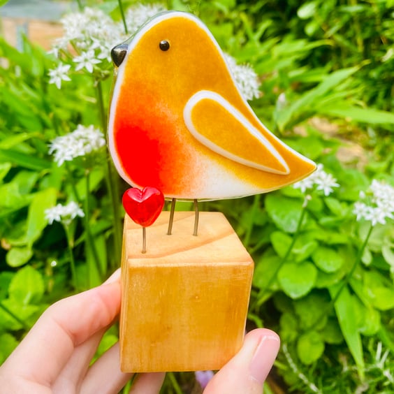 Fused glass robin bird Christmas memorial ornament decoration love heart 