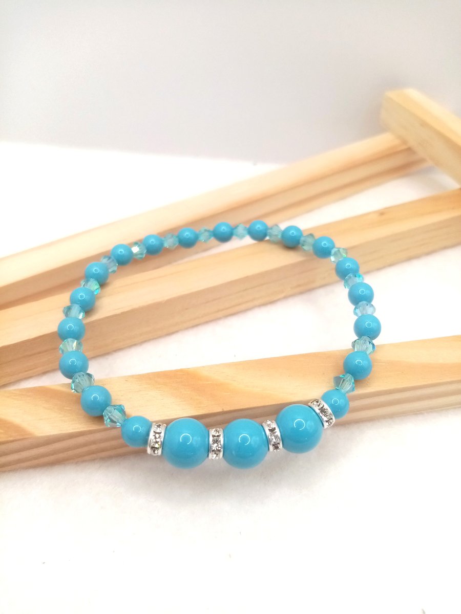 Turquoise Swarovski Crystal Pearl Stretch Bracelet, Handmade Beaded Bracelet 