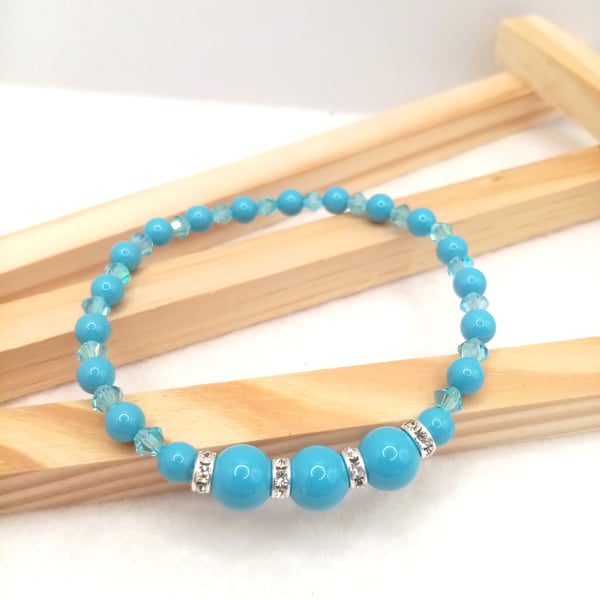 Turquoise Swarovski Crystal Pearl Stretch Bracelet, Handmade Beaded Bracelet 