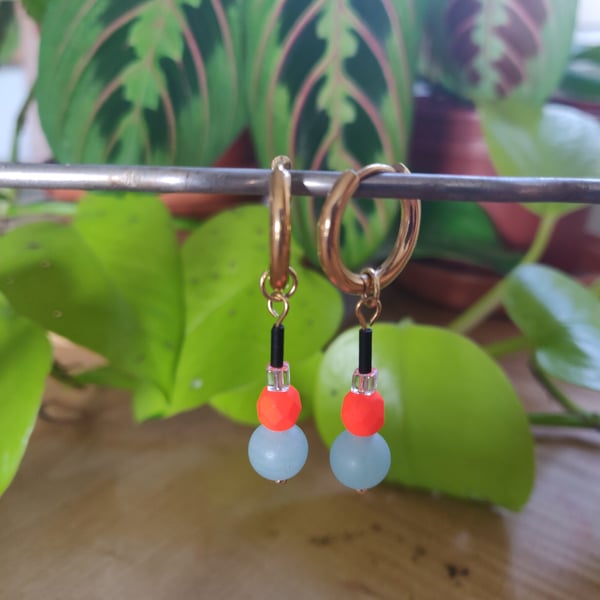Unconventional neon bead earrings with huggie hoops
