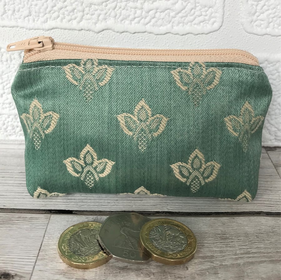 Small purse in duck egg blue with cream woven pattern