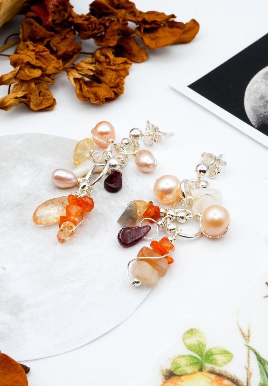 Sterling Silver Freshwater Pearl Carnelian & Almandine Garnet Gemstone Earrings