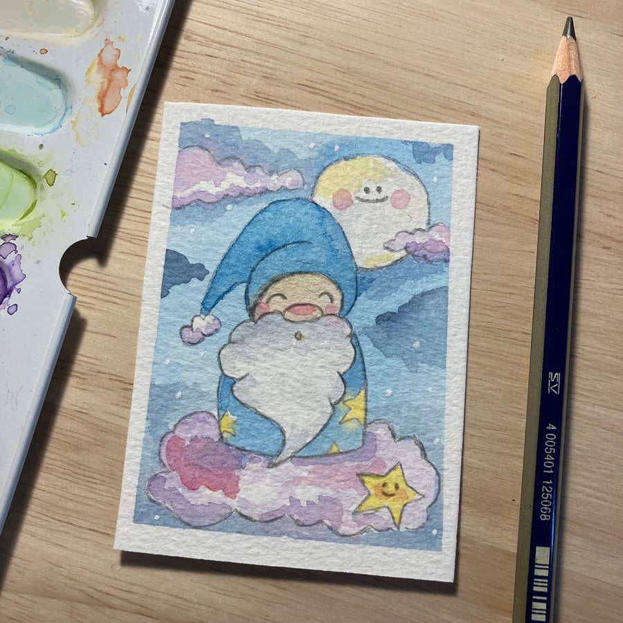 Sleepy Gonk, miniature watercolour painting, paper, trading card