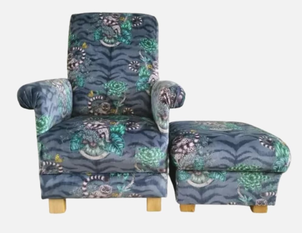 Emma J Shipley Lemur Navy Velvet Fabric Chair & Footstool Adult Armchair Monkeys