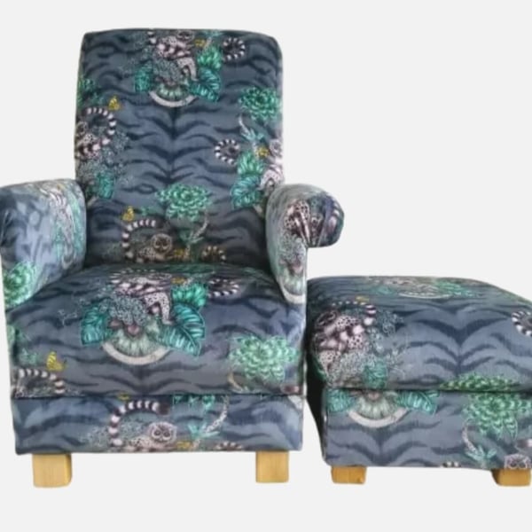 Emma J Shipley Lemur Navy Velvet Fabric Chair & Footstool Adult Armchair Monkeys
