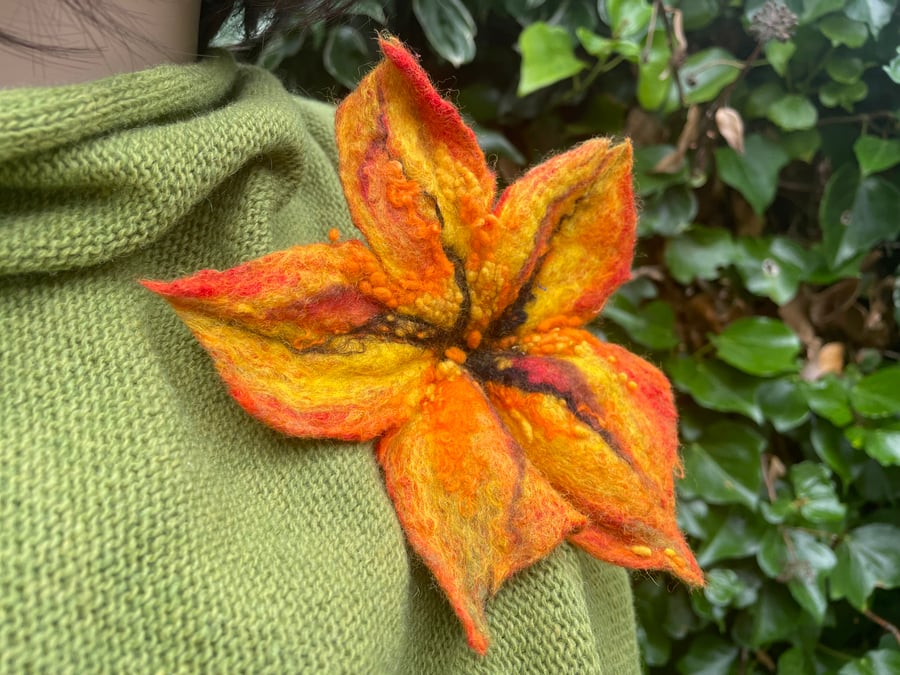 Unique, Orange and brown Brooch, organic British Wool, wet felted, GIFT FOR HER