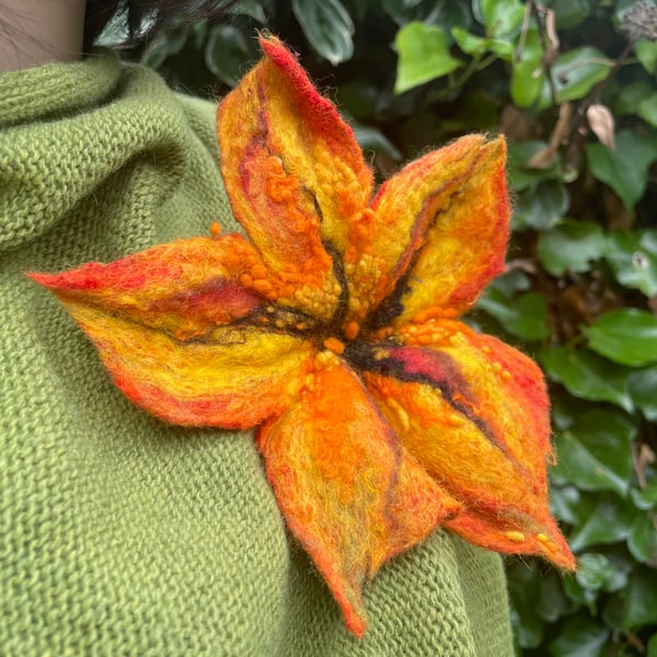 Unique, Orange and brown Brooch, organic British Wool, wet felted, GIFT FOR HER