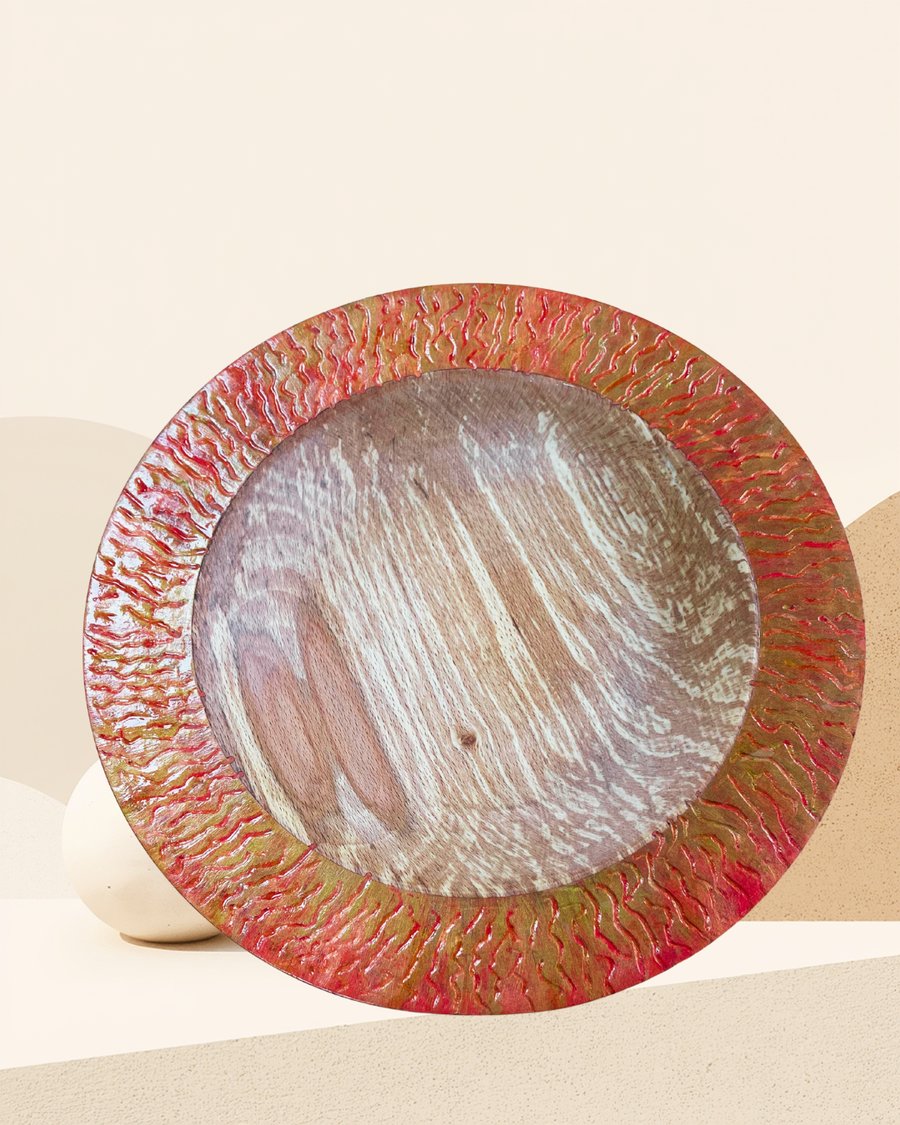 Unique Hand-Turned Beech Wood Bowl with Decorated Rim 30cm