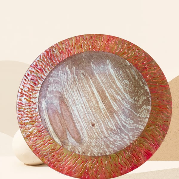 Unique Hand-Turned Beech Wood Bowl with Decorated Rim 30cm
