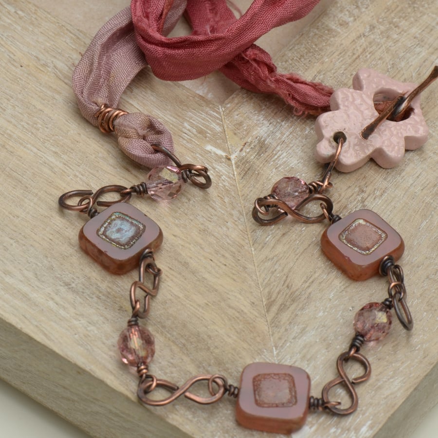 Handmade Pink Ceramic Leaf, Czech Bead & Pink Sari Silk Copper Necklace