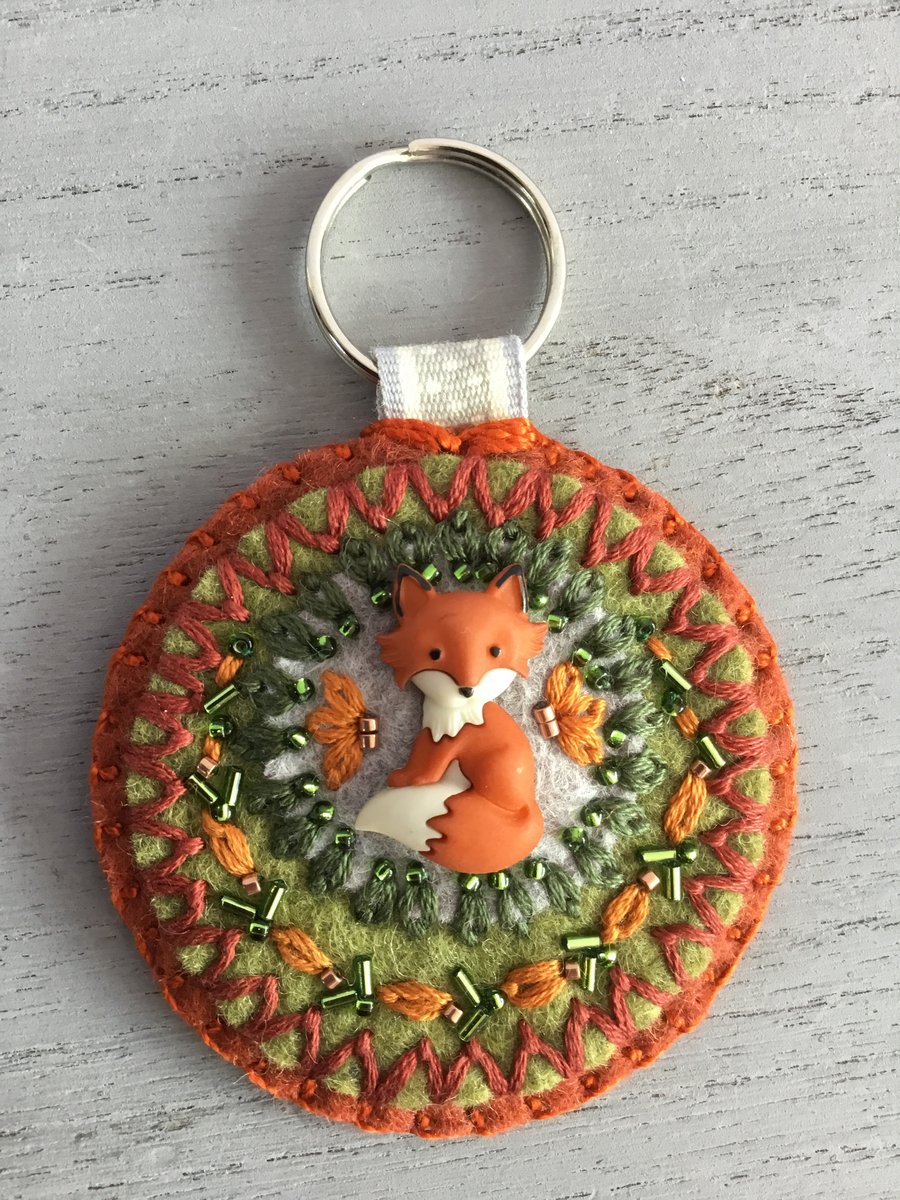  Hand Embroidered Fox Keyring 
