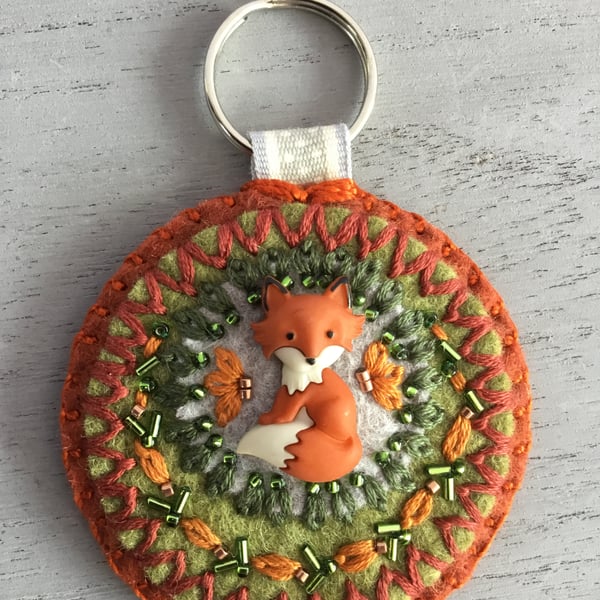  Hand Embroidered Fox Keyring 