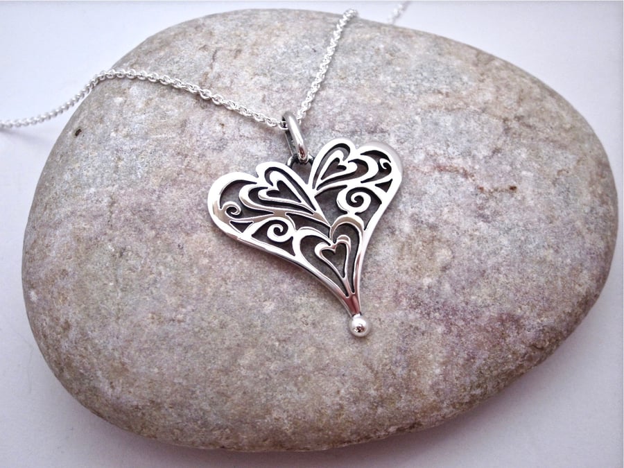 Heart of hearts silver pendant on 18"chain, Heart necklace