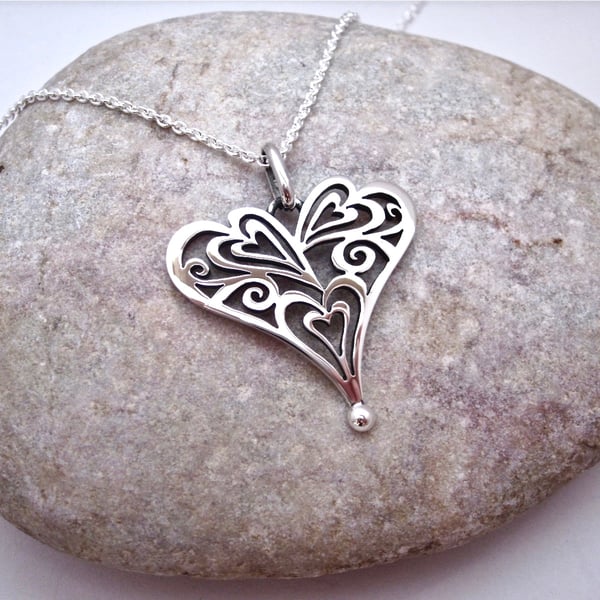 Heart of hearts silver pendant on 18"chain, Heart necklace
