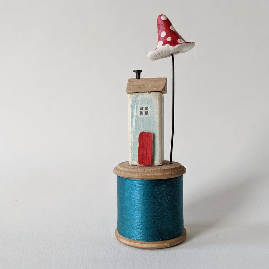 Wooden House on a Vintage Bobbin with Toadstool 