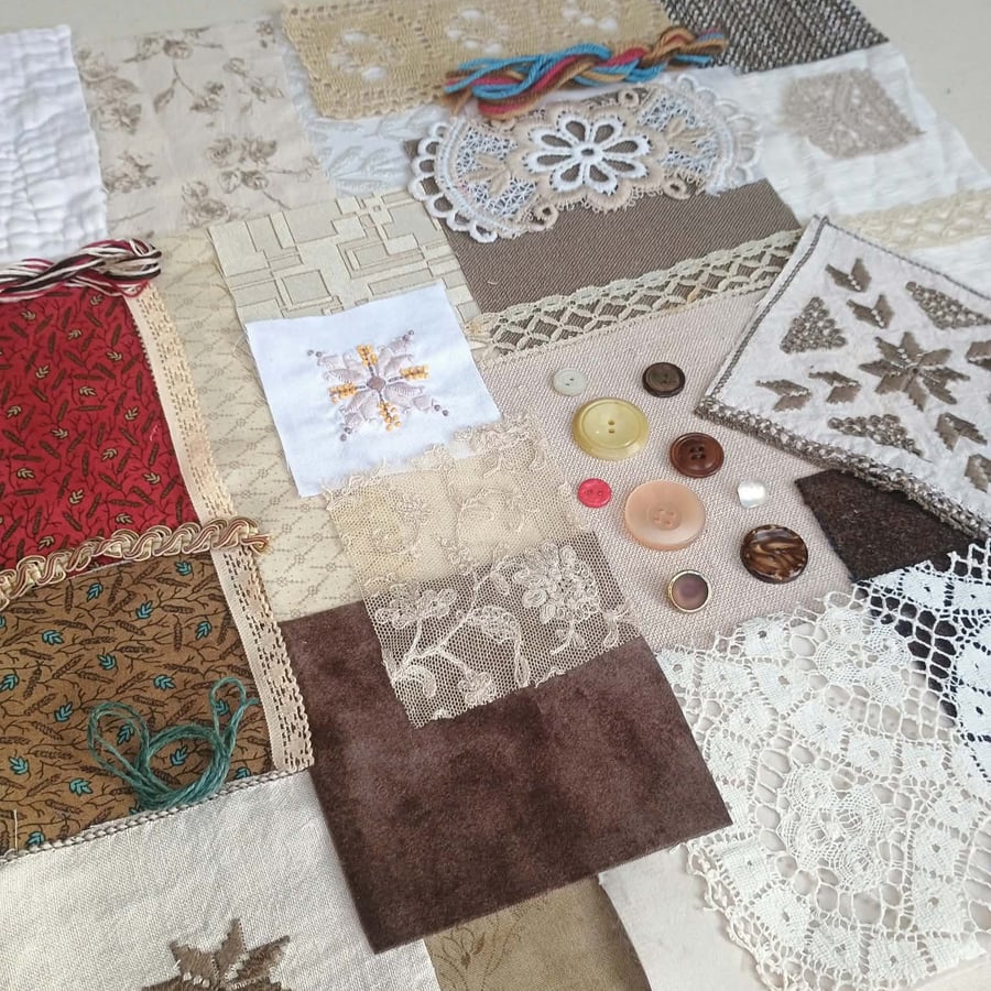 Coffee and Cream Slow Stitching Kit large - vintage lace reclaimed wool velvet